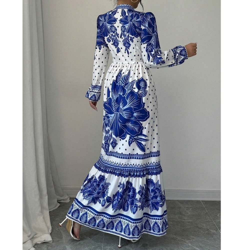 Boho Floral Print Puff Long Sleeve Button Down Frill Neck Maxi Dress - Picture 3 of 5